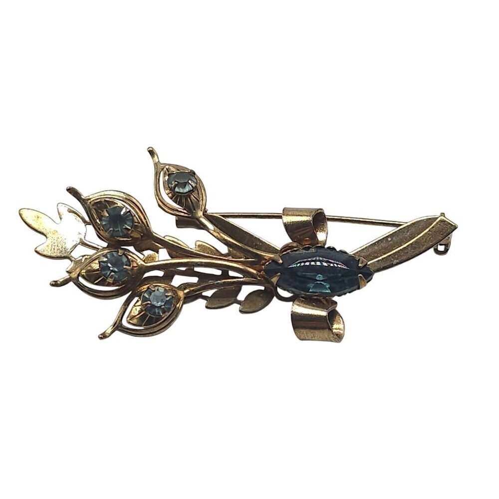 Vintage Gold Tone Leaf Floral Blue Stone Brooch Pin Elegant Accessory
